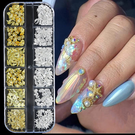6 Grids Metal Summer Ocean Nail Art Charms 3D Shell Starfish Seahorse Caviar Beads Alloy Nail Jewelry Mixed Manicure Studs Decor