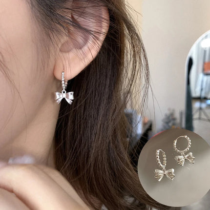 PANJBJ 925 Sterling Silver Bow Knot Earring for Women Texture Tassels Sweet Romantic Korean Jewelry Gift Dropshipping