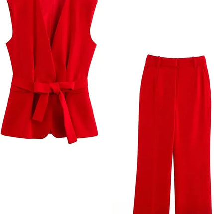KONDALA Office Lady Chic Red Vest Blazer Suit V Neck Sashes Sleeveless Blazer High Waist Wide Leg Pants Fashion 2025 Summer Sets