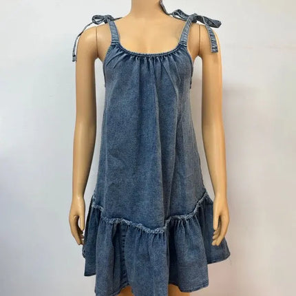 Slip Dress Women Denim Dresses A Line Sleeveless Lace Up Distressed Folds Vestidos Streetwear 2025 Summer Vintage Sundress