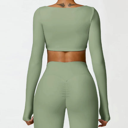 Hearuisavy Summer Casual Quick Dry Sportswear Women Square Neck Gym Top Women Fitness Sports Crop Top Long Sleeve Yoga Clothing