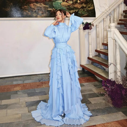 Spring Summer New Fashion Women's Light Blue Solid Color Casual Trendy Long Lantern Sleeve Floor Length Ceremonial Dress Female