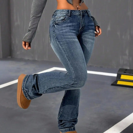 Women's Dark Washed Flare Jeans, Skull Head Rhinestone Embroidery, Fashionable Back Pocket Design, Stylish Denim Jeans