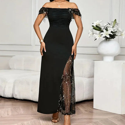 Mesh Patchwork Hollow Sexy Maxi Dress, Women Spring Autumn Long Sleeve Simple Party Dress, New Stand Collar Elegant Ladies Dress