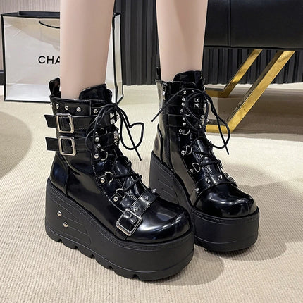 Platform Boots Goth for Women Lace up Wedge Heel Buckle Ankle Booties Studded Short Motorcycle Boots with Zipper White