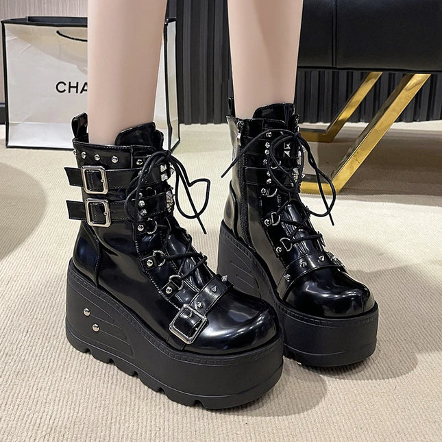 Plateau-Stiefeletten Goth für Damen Schnürung Keilabsatz Schnallen-Stiefeletten Nieten Kurz Motorradstiefel mit Reißverschluss Weiß