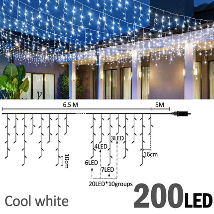 6.5200LED/20M480LED Icicle String Lights Christmas 40Drops 8 Modes, Plug in Curtain Waterproof for Holiday Wedding Party Garden