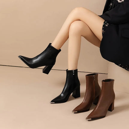 2024 Spring Autumn New Square Head Solid Color Versatile Side Zipper High Heels Women's Outwear Fashion Boots Single Boots Women