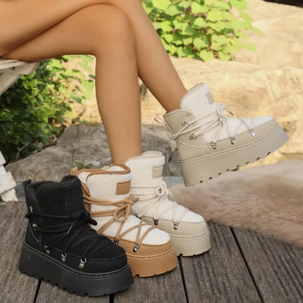 Fashion New Round Head Sexy Thick-soled Non-slip Casual Snow Boots Winter Lace-up Elegant Comfortable Walking Boots for Women