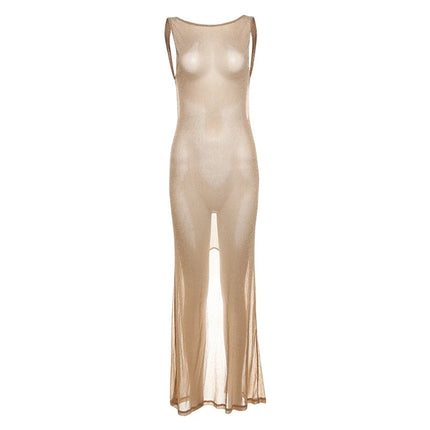 Weird Puss Glitter Sexy Dress Women See Through 2026 Summer Sleeveless Backless Splits Coquette Clubwear Beach Skinny Vestidos