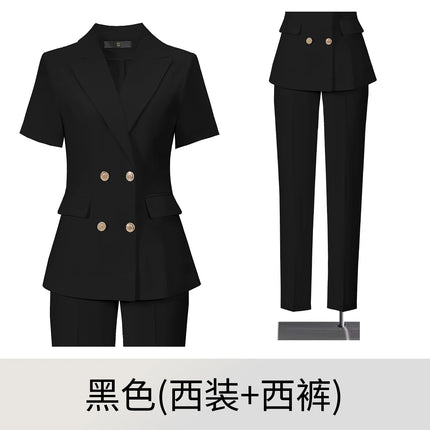 2‑Piece Women Office Suit Short Sleeve Double Breasted Blazer + High Waist Pants Ladies Formal Business Workwear Set Multiple Co