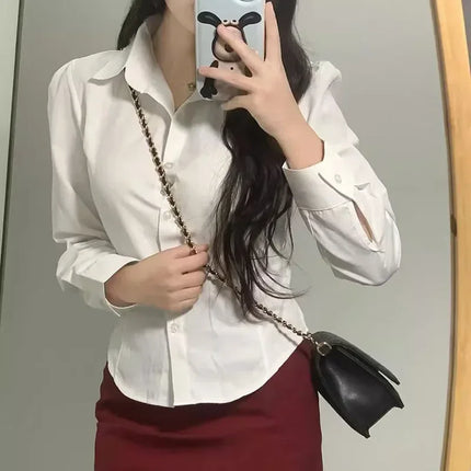 Preppy Style White Shirts Korean Slim Long Sleeve Office Shirt Spring Button Lapel Short Blouse