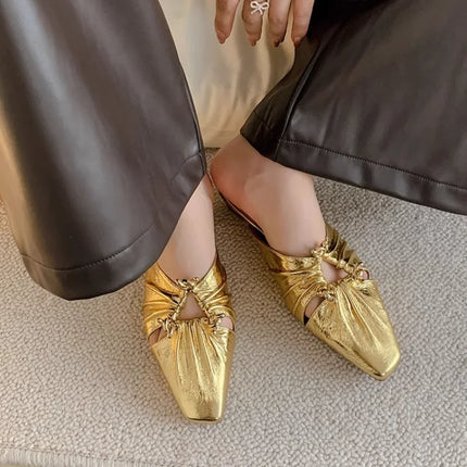 2025 New Fashion Low Heel Women  Shoe Women Narrow Band Silver Flats Bling Bling Gold Round Toe Spring Footwear