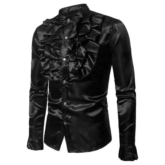 Camisa de hombre vintage de los años 70 con volantes y cuello redondo, estilo victoriano, gótico, punk, retro, con corbata de seda sintética, ideal para Halloween.
