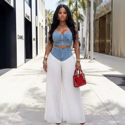 Streetwear Denim Wide Leg Pants Outfit Sexy Women Two Pieces Casual Tracksuit Set Elegant Patchwork Club Matching Set