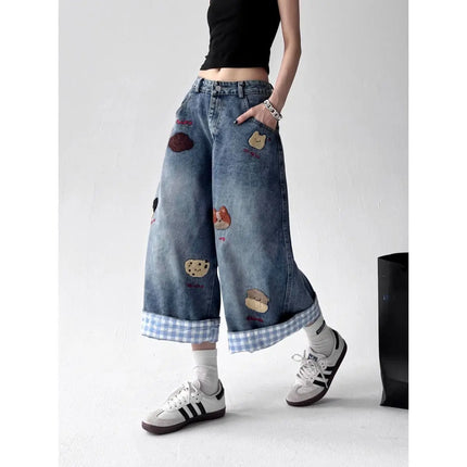 Summer Women Japanese Jorts Kawaii Embroidery Jean Shorts  Cute Core Denim Capri Pants Harajuku Wide Fit Jeans