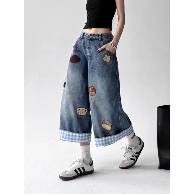 Summer Women Japanese Jorts Kawaii Embroidery Jean Shorts  Cute Core Denim Capri Pants Harajuku Wide Fit Jeans