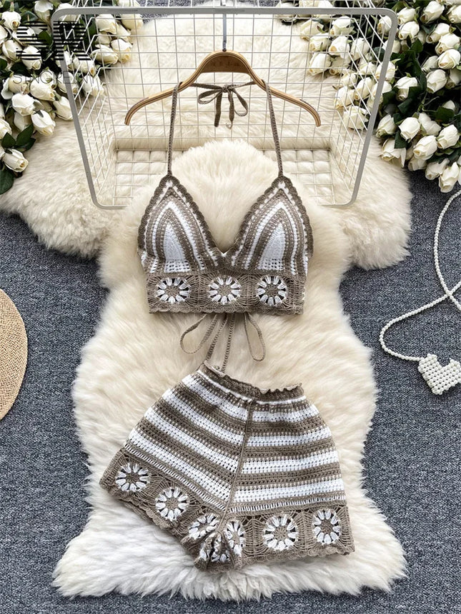 SINGREINY Beach Vacation Knit 2pcs Suits Women Halter Sleeveless Lace Up Camis+Elastic Waist Shorts Hook - product image 5