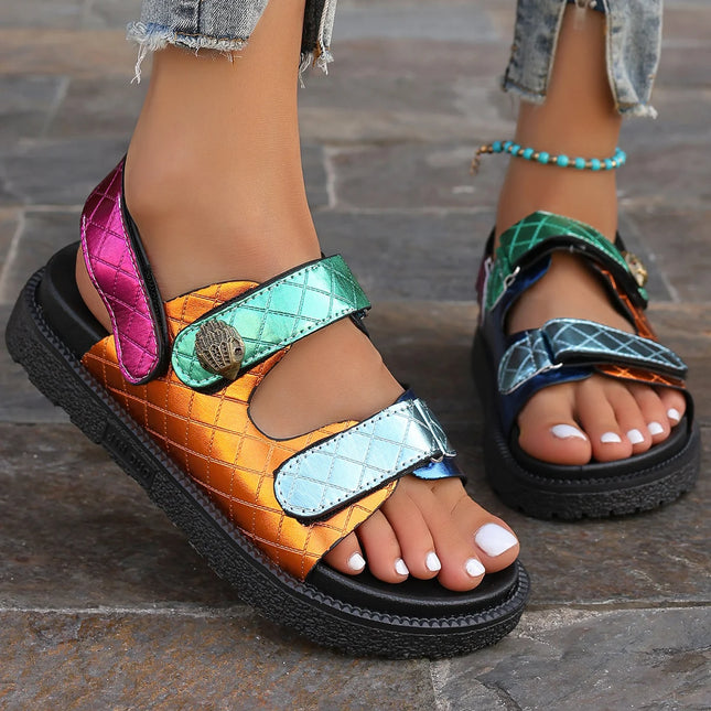 Metallic Shiny Color Block Sandals for Women Quilted Rhombus Pattern Platform Sandals Open Toe Outdoor Slides Platforms Sandals