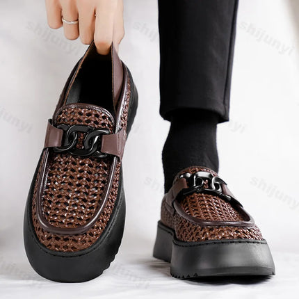 Retro Weave Hollow Breathable Casual Single Shoes for Men 2025 Spring New Low Top Comfortable Versatile Fashion Platform Loafers