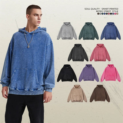 2024 Autumn Winter Men 420gsm Hoodies Streetwears High Street Heavy Weight Washed Cotton Sweatshirts Brand Tracksuit