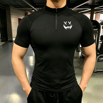 Men's Quick Dry Breathable Quarter Zip Polo Shirts Slim Fit Stretch Short Sleeve Stand Collar Workout Training Sport GYM