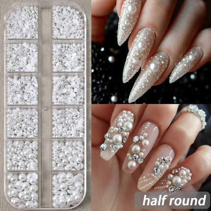 12grids Half Round Pearls Beads 3D Nail Charms 1.5/2/2.5/3/4/5mm White Flatback Pearls Nail Jewelry Nail Craft Pearl Rhinestones