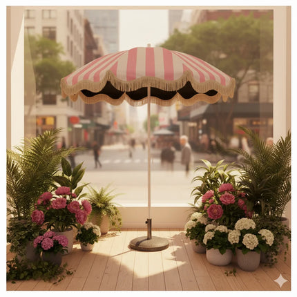 UPF50+ Black Sun Protection Umbrella with Pink-White Stripes And Fringe Portable Outdoor Beach Courtyard Umbrella without Base