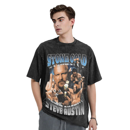 Steve Austin Men T Shirt Washed  Funny Tee Shirt Short Sleeve Crewneck T-Shirt Pure Cotton Plus Size Clothes