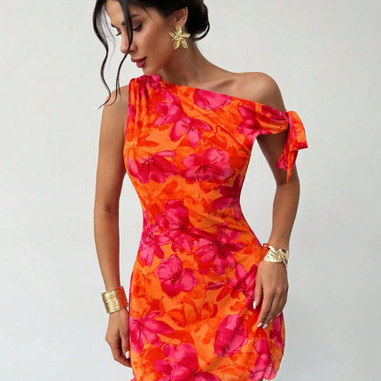 Women'S Spring Summer Floral Print Vacation Casual Off-Shoulder Slouchy Strappy Sleeveless Short Skirt Dress