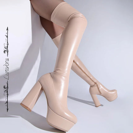Women's Block High Heels Thigh High Boots Platform Chunky Heels Tight Elastic Sexy Party Over The Knee High Boots Good Quality