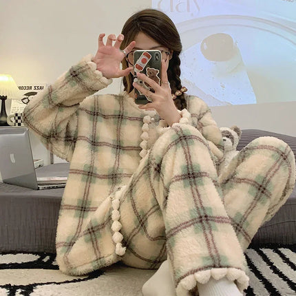 2025 New Flannel Plaid Sleepwear Women Winter Ruffles Pajama Pants Warm 2 Pieces Fluffy Button Night Wears  Set Home Wear