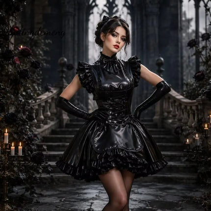 Gothic Gold Satin Maid Costume Prom Dress Corset Lace Up Ruffle High Neck Bow Short Halloween Cosplay Party Dress Customized