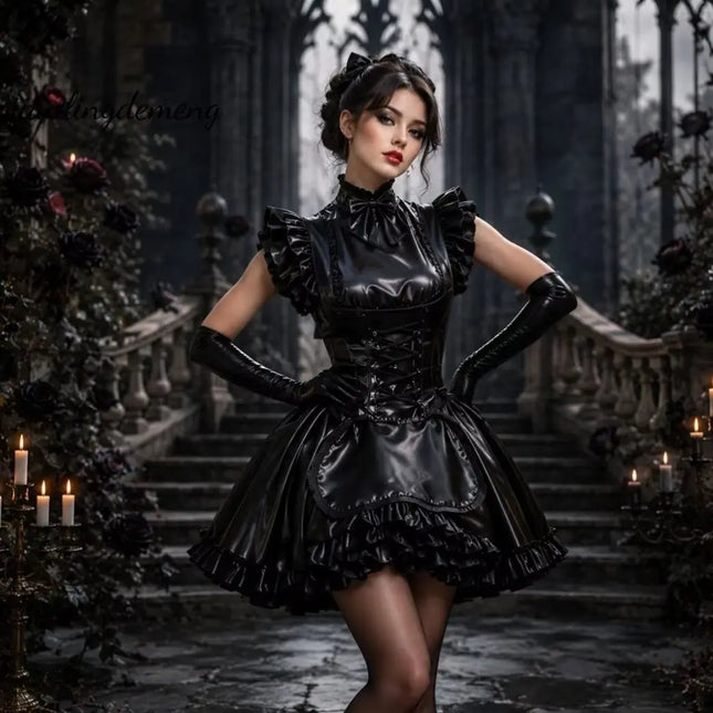 Gothic Gold Satin Maid Kostüm Ballkleid Korsett Schnürung Rüschen Hochgeschlossen Schleife Kurz Halloween Cosplay Partykleid Maßanfertigung