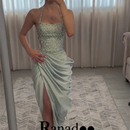 Ranadoo Luxury Halter Beaded Pleated Tiered with Slit Ruched Evening Dress Lace up Straight Vestidos De Gala 2026 Customized