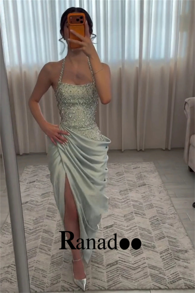 Ranadoo Luxuriöses Neckholder Perlenbesetztes Plissiertes Gestuftes mit Schlitz Gerafftes Abendkleid Schnürung Gerade Vestidos De Gala 2026 Kundenspezifisch