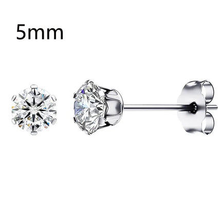 1 Pair Gold Sliver Color Stainless Steel Clear Cubic Zirconia Stud Earrings for Men Women Daily Wear Jewelry Sizes 3-8mm