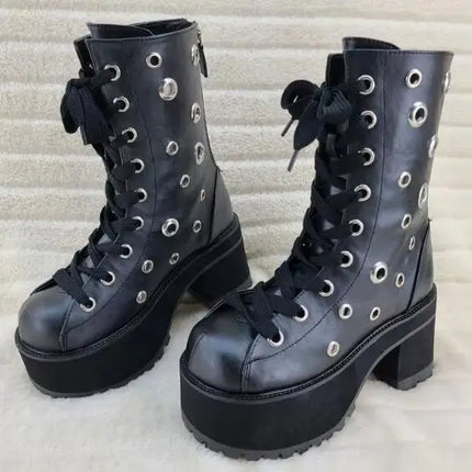 Size 47 Women Sliver Laser Shiny Patent Leather Cross Tied Lace Up Round Toe Platform Chunky Heels Ankle Boots Punk Short Boots