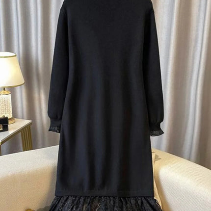 Oversize Black Lace Splicing Knitted Sweater Dress Women Autumn Winter French  Mid-length A-lin Dresses Loose Long Sleeve Dress