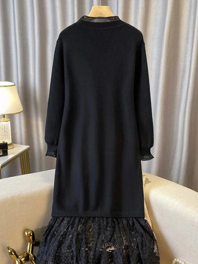 Übergroßes schwarzes Spitzen-Strickkleid für Damen Herbst Winter Französisch mittellanges A-Linien-Kleid Locker Langarmkleid
