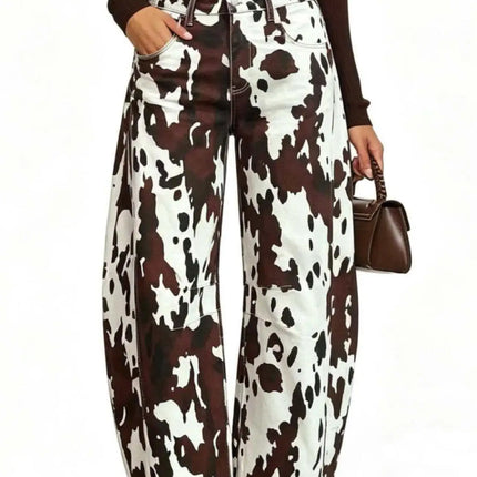 High Waist Cow Print Curved Knife Jeans Slimming Versatile Cow Patterned Stretch Denim Trousers for Women