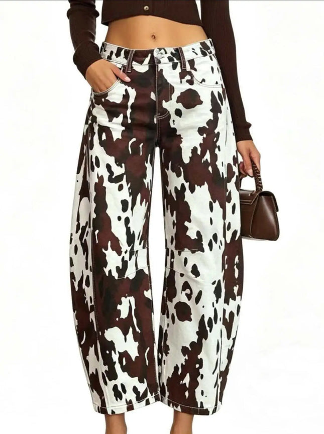 High Waist Cow Print Curved Knife Jeans Slimming Versatile Cow Patterned Stretch Denim Trousers for Women
