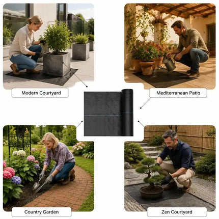 Four garden application photos around a central fabric roll