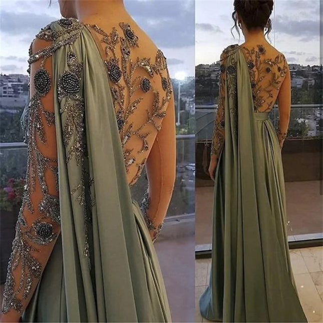 Arabisches, schulterfreies, olivgrünes muslimisches Abendkleid mit Umhang, einfarbiges islamisches O-Ausschnitt-Kleid für Abschlussbälle, maßgefertigtes Robe De Soiree