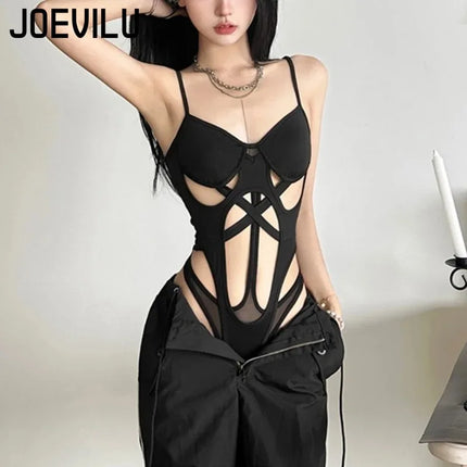 Y2K Black Bodysuit Women Hollow Out Sexy Sleeveless Tops Spaghetti Strap Streetwear Bodycon Jumpsuit Festival Aesthetic Clothes