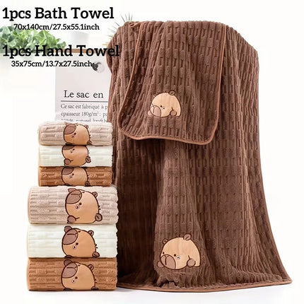 ✰✪Cute 2pc Capybara Face Towel Set, Extra Soft Coral Fleece, 34x74 Inch Towel And 70x140 Inch Bath Towel