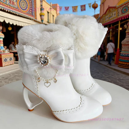 Pink Cute Heart Shaped Ring Fretwork Heels For Girls Lolita Style White Bow Diamond Buttons Calf Booties Black Zip Round Shoes