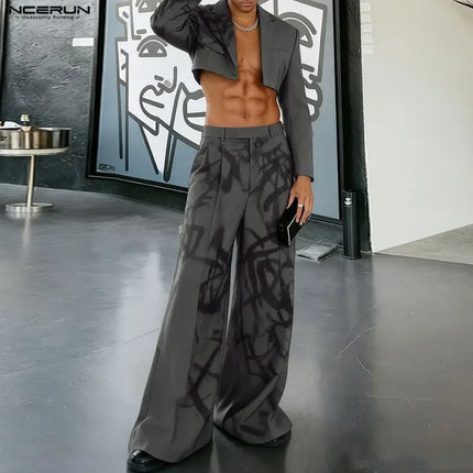 INCERUN Men Sets Printing Lapel Long Sleeve Crop Blazer & Pants Two Pieces Sets Streetwear Loose Fashion Men Casual Suits S-5XL