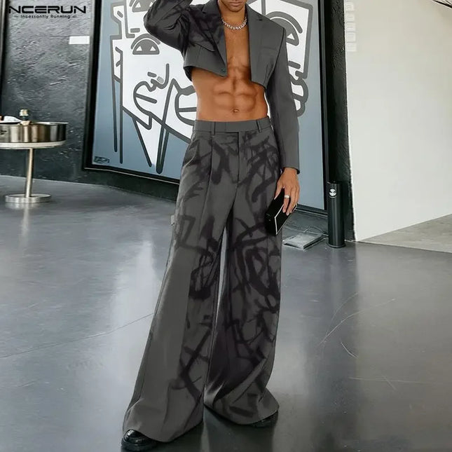 INCERUN Conjuntos de Hombre Estampados Solapa Manga Larga Chaqueta Corta y Pantalones Dos Piezas Conjuntos Ropa de Calle Suelta Moda Hombre Trajes Casuales S-5XL