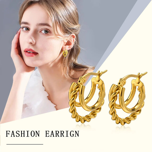 SKU Trendy Stainless Steel Hoop Earrings for Women Girls Party Gift, Gold Plated Metal Layered Twisted - product image 2